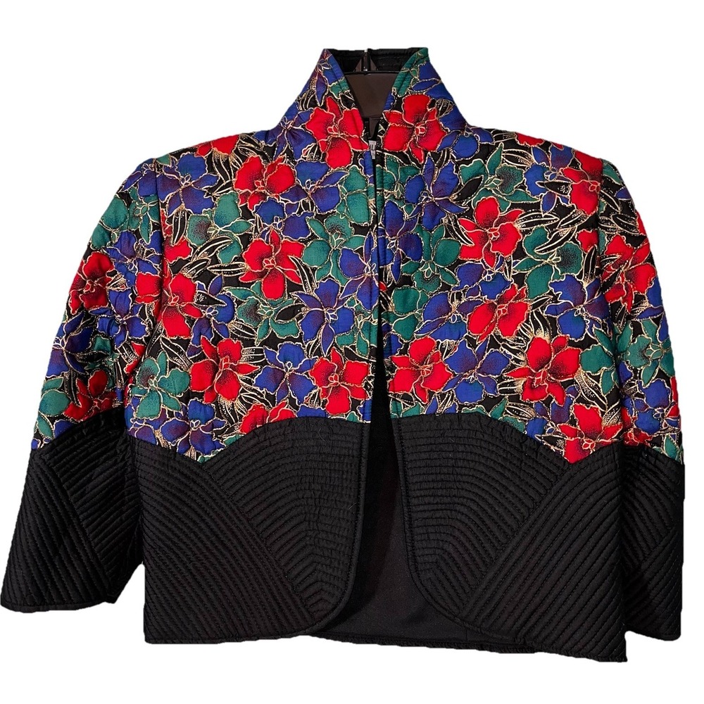 Vintage Thai Silk 100% Quilted Jacket Short Floral Black Handmade  Gold Stitch M